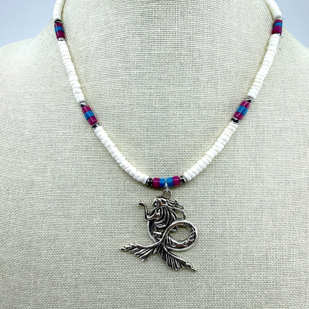 Mermaid Pendant Necklace with White Heishi Beads & Colorful Accents